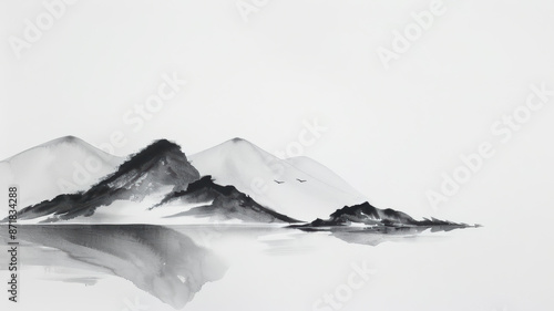 Watercolor landscape. Chinese style classical traditional ink painting sumi-e