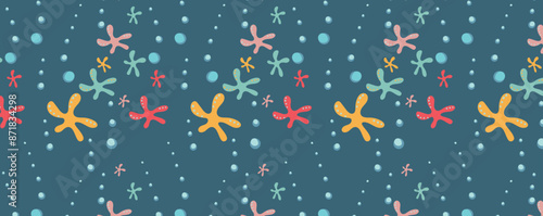 Undersea world. Abstract drawing of starfish underwater. Vector Pattern with bubbles and sea inhabitants of the underwater depths.  Seamless pattern for fabric, textile, wallpaper, cards.