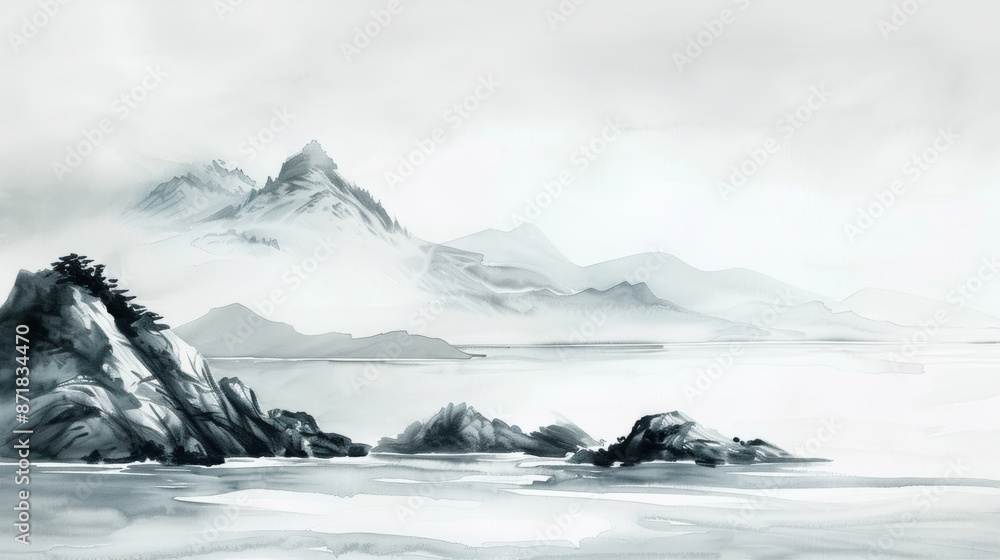 Obraz premium Watercolor landscape. Chinese style classical traditional ink painting sumi-e
