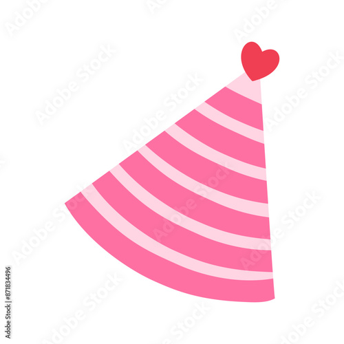 A pink and white striped party hat with a heart on top