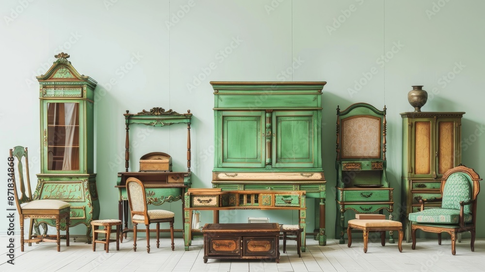 Fototapeta premium Vintage wooden furniture set in green and white on blank backdrop