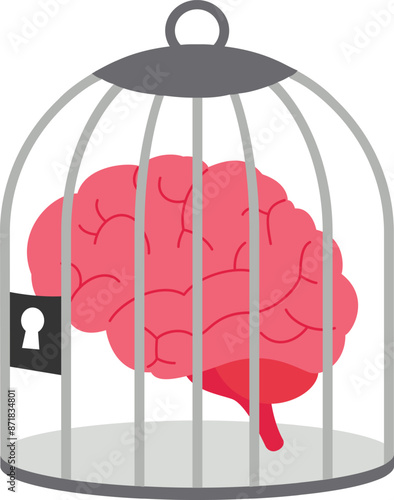 Fixed mindset, negative emotion, refusal to learn anything new, fearful or mental lock, suppression or aversion disorder concept, bird cage lock over depressed fearful human brain.

