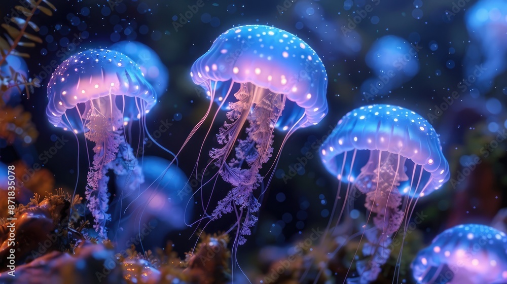 Glowing jellyfish in the sea. Glowing jellyfish in the sea.