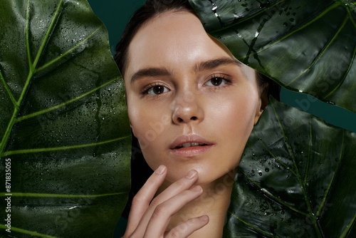 Fotografia A womans face is framed by large, dewy green leaves.