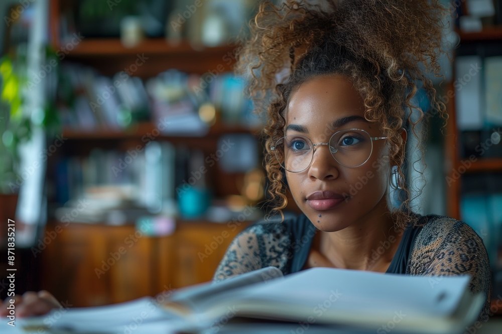 Young Woman With Curly Hair Studying in a Home Office Young Woman With Curly Hair Studying in a Home Office