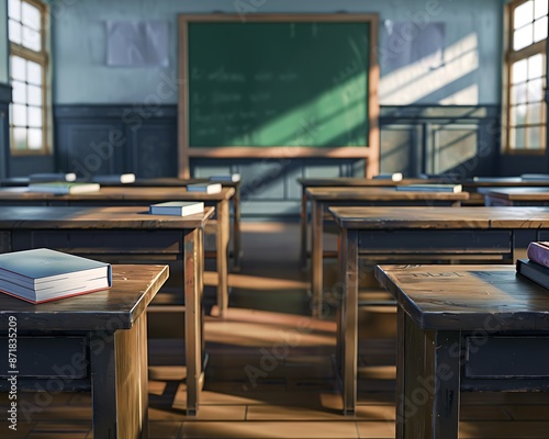 Desks and books in a high school classroom, centered in an empty room, green blackboard, educational atmosphere. © Eun Woo Ai