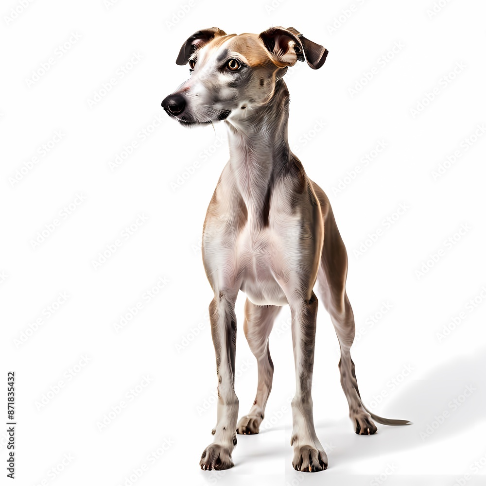 Whippet dog breed standing against white background, AI Generated Whippet dog breed standing against white background, AI Generated