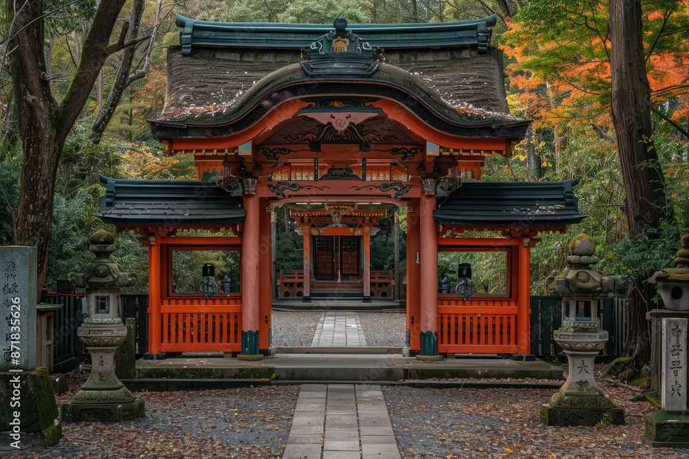 Traditional Japanese temple with colorful roof design. Traditional Japanese temple with colorful roof design.
