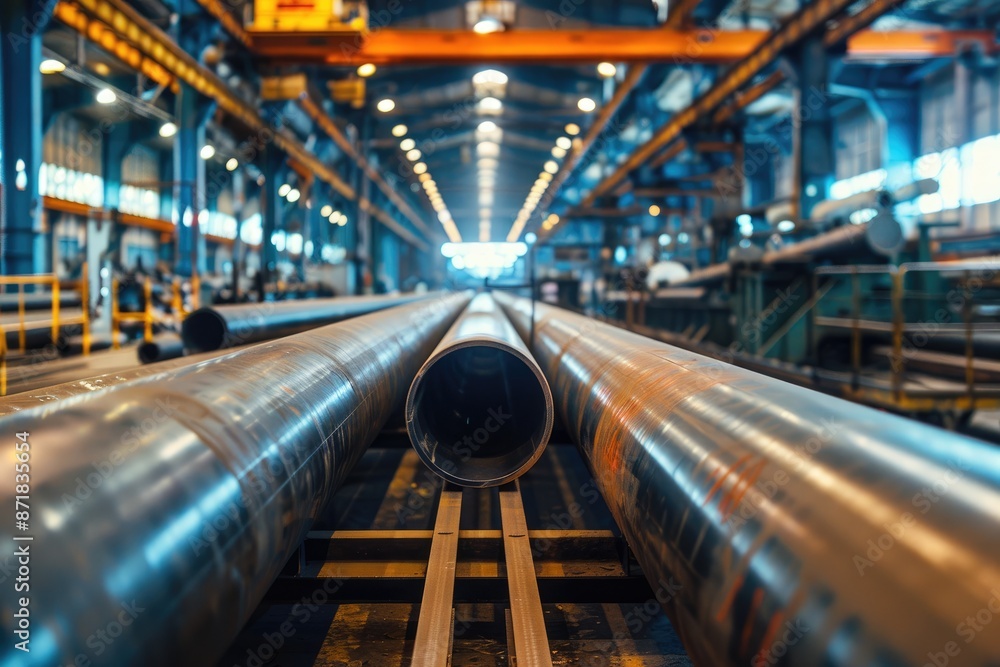Fototapeta premium Steel pipes inside the factory or warehouse. Industrial production