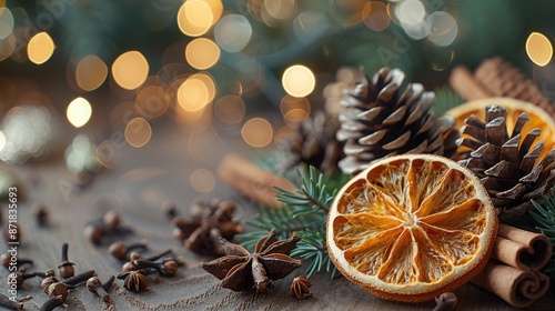 Festive holiday arrangement with dried orange slices. photo