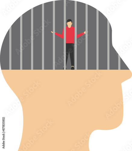 Fixed mindset, negative emotion, refusal to learn anything new, fearful or mental lock, suppression or aversion disorder concept, bird cage lock over depressed fearful human brain.

