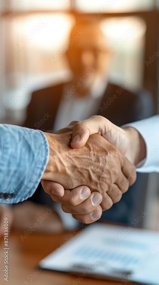 Obraz premium Close-up of two hands shaking hands in agreement, with another person in the blurred background, signaling a successful business deal.