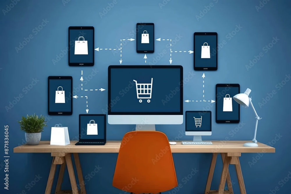 Digital online shopping concept with various devices connected to a computer, illustrating e-commerce and internet retail technology. Digital online shopping concept with various devices connected to a computer, illustrating e-commerce and internet retail technology.