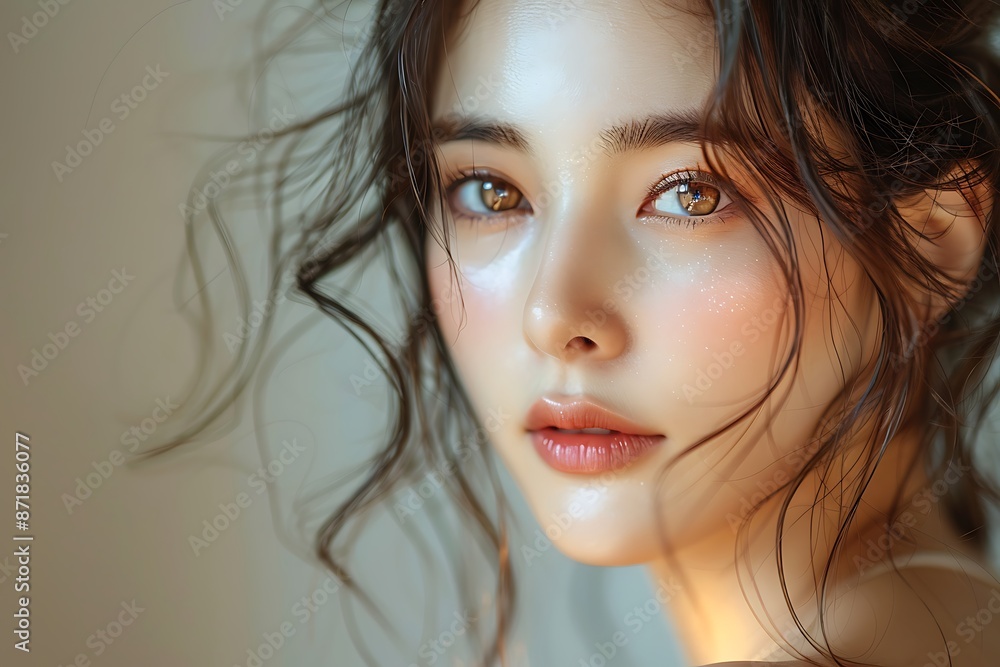 Close-up portrait of young Asian beautiful woman with K-beauty make up style and healthy and perfect skin isolated on beige background for skincare commercial product advertising. Close-up portrait of young Asian beautiful woman with K-beauty make up style and healthy and perfect skin isolated on beige background for skincare commercial product advertising.