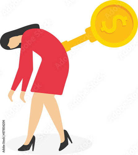 Exhausted businessman with Winding key. Hard working and overworked concept

