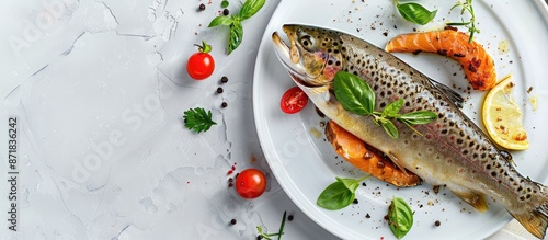 Baked trout with a side of garnish and a blank copy space image. photo