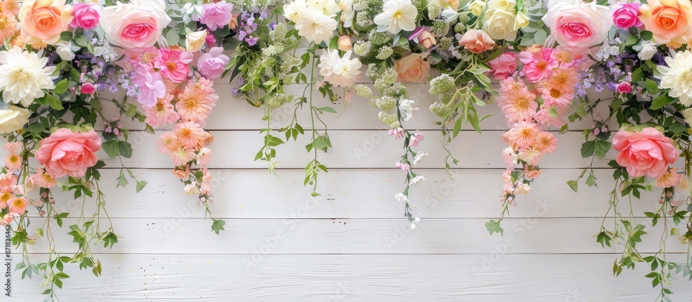 Create a floral decoration on a white wooden table with a background of flowers, ideal for your copy space image. Create a floral decoration on a white wooden table with a background of flowers, ideal for your copy space image.