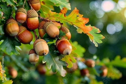 Acorns fruits on oak tree branch in forest. Closeup acorns oak nut tree on green background. Early autumn beginning acorns macro on branch leaves in nature oak forest.