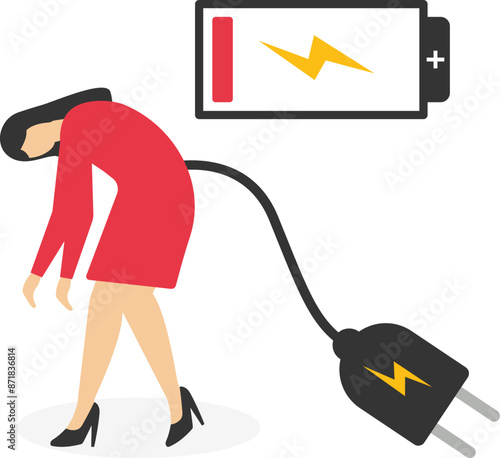 Businessman with low battery ​indicator crawling to electric plug for charging his power

