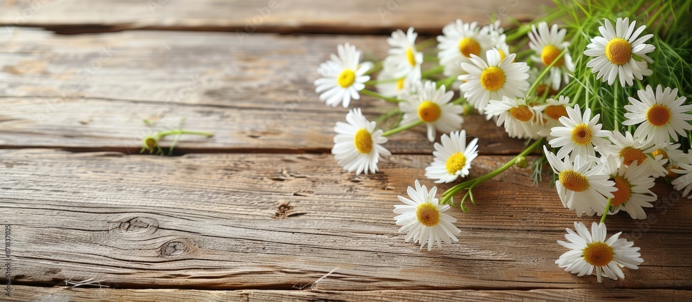 Fototapeta premium View from the top of a wooden table with a bouquet of chamomile flowers, featuring selective focus and a clear background for adding text or other elements - copy space image.