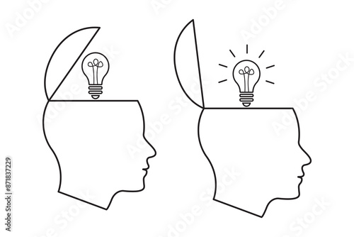 open minded character set with head shape lightbulb in thin line. idea concept use in business, Think outside the box in outline, light bulb in a head, New idea, brainstorming, solution