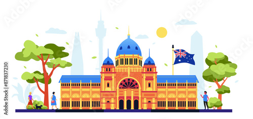 Royal Exhibition Building - modern colored vector illustration with national treasure and pride of Australia, flag, tourist, parkland and summer recreation. Heritage, culture, destination and sights