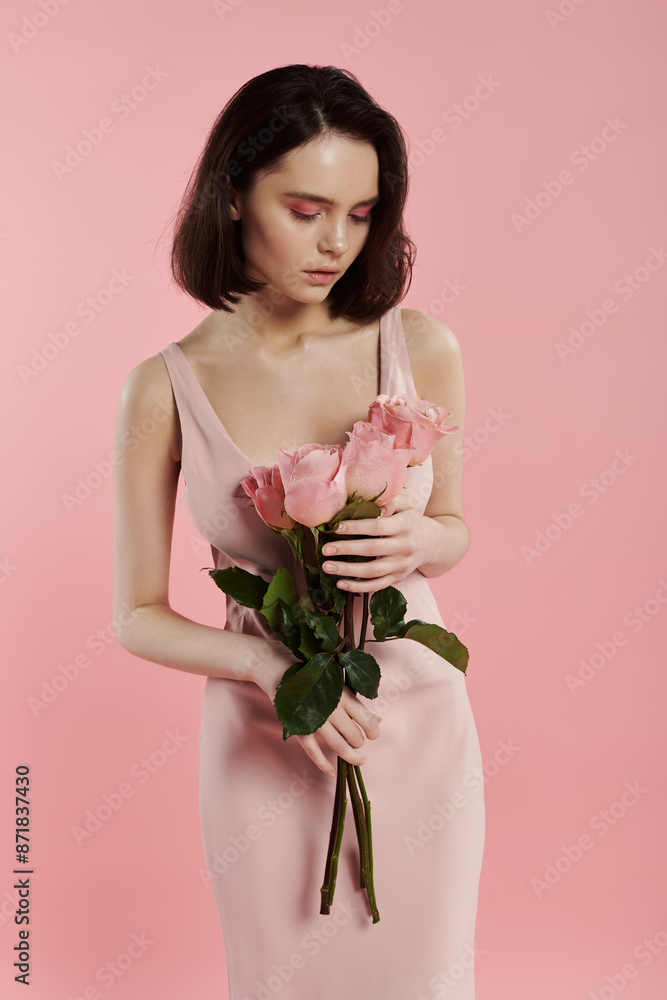 A woman in a pink dress holds a bouquet of roses in front of a bright pink background. A woman in a pink dress holds a bouquet of roses in front of a bright pink background.