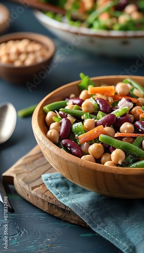 Fresh and healthy mixed bean salad with chickpeas, kidney beans, green beans, and carrots, served in a wooden bowl on a rustic table. © Mind