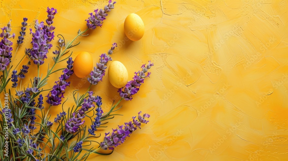 Fototapeta premium Easter theme with lavender flowers on a yellow backdrop