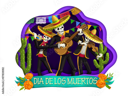 Mexican day of the dead dia de los muertos paper cut with skeleton mariachi musicians and marigold flowers. Vector traditional festive papercut art with skeleton artists, papel picado flags, tagetes
