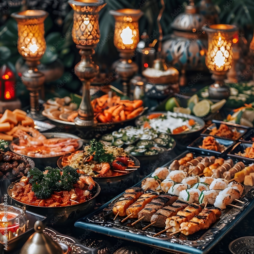 A Table Abundant with Food and Warm Lights