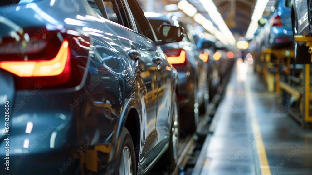 Modern car assembly line in busy factory setting, image capturing mass production process Modern car assembly line in busy factory setting, image capturing mass production process