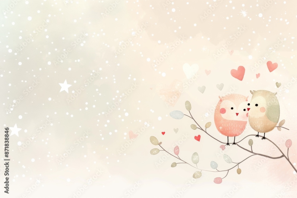Whimsical Love Birds on a Branch with Sparkling Hearts Background Whimsical Love Birds on a Branch with Sparkling Hearts Background