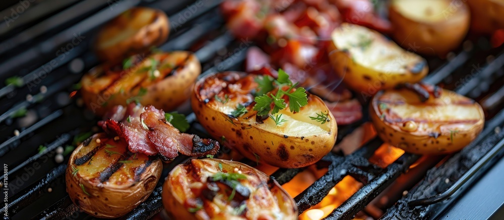 Grilled potato and bacon on a gas grill, a barbecue meal with a copy space image, displaying healthy food options. Grilled potato and bacon on a gas grill, a barbecue meal with a copy space image, displaying healthy food options.