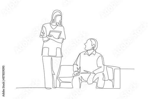 The nurse asks about the patient's complaint. Care jobs concept one-line drawing