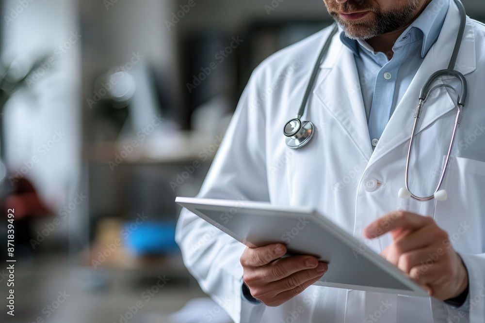 A doctor reviewing patient records on a tablet copy space, digital health, futuristic, double exposure, office backdrop A doctor reviewing patient records on a tablet copy space, digital health, futuristic, double exposure, office backdrop