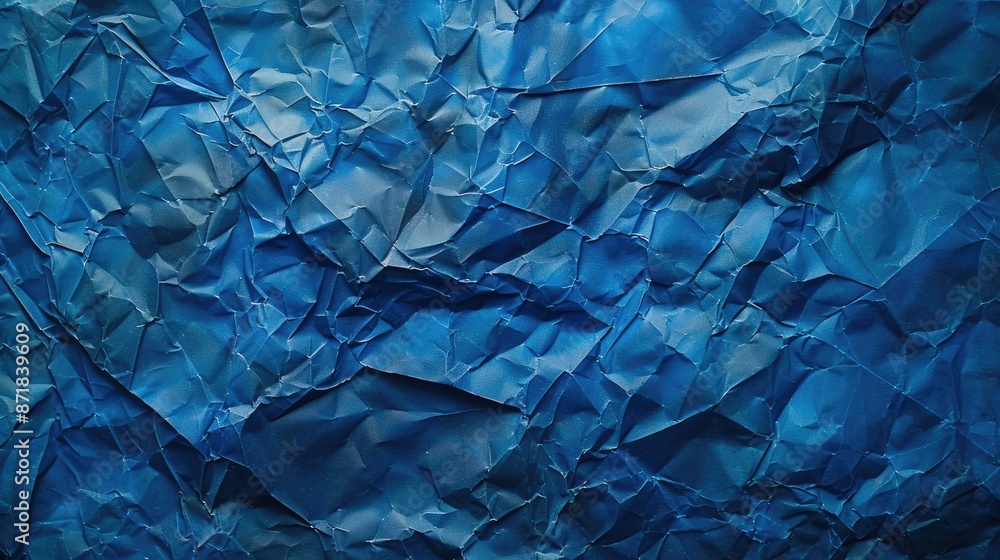 Fototapeta premium Textured blue crumpled paper from top view