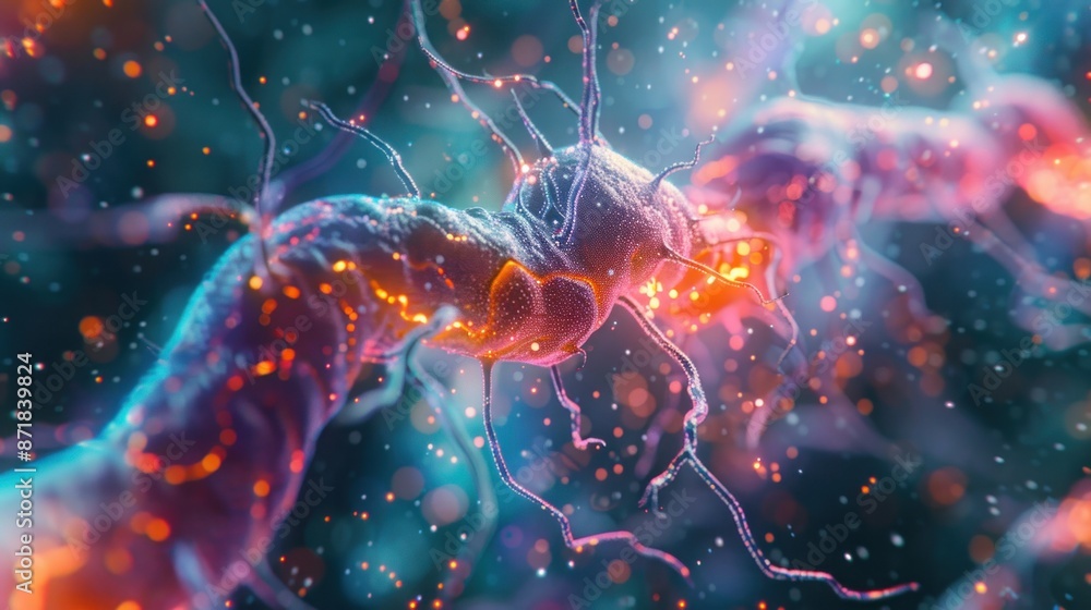 A close-up 3D visualization of a neuron, depicting its dendrites, axon, and synaptic terminals. The image captures the essence of biomedicine and its role in unraveling the mysteries of the nervous A close-up 3D visualization of a neuron, depicting its dendrites, axon, and synaptic terminals. The image captures the essence of biomedicine and its role in unraveling the mysteries of the nervous