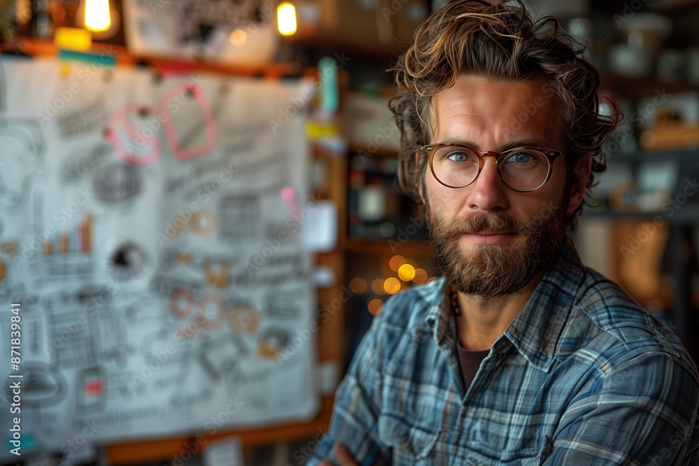 Obraz premium Bearded Man In Plaid Shirt Looking Directly At Camera In A Work Space