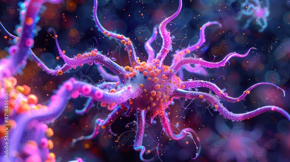 A comprehensive 3D model of a neuron, with a focus on the biomedicine concept and detailed depiction of its synapses and cellular structure. The image captures the complexity of the nerve cell and A comprehensive 3D model of a neuron, with a focus on the biomedicine concept and detailed depiction of its synapses and cellular structure. The image captures the complexity of the nerve cell and