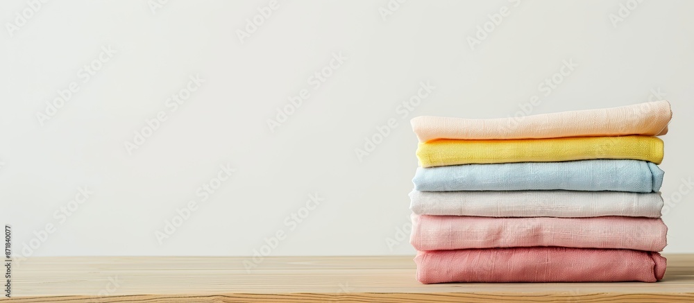Colorful cotton fabric stacked neatly on a wooden table against a white background. Represents clean laundry with copy space image. Colorful cotton fabric stacked neatly on a wooden table against a white background. Represents clean laundry with copy space image.
