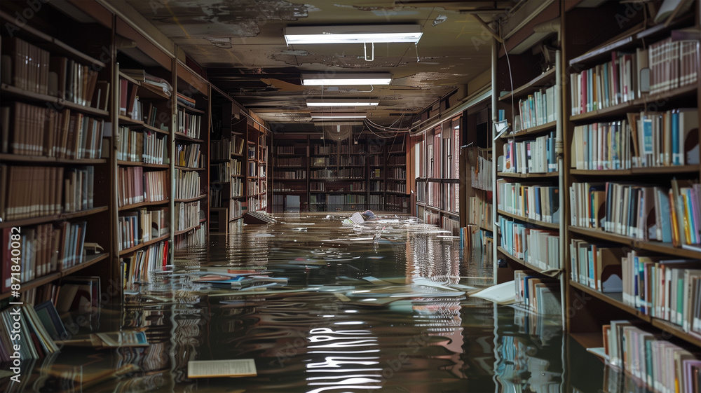 豪雨による浸水した図書館 豪雨による浸水した図書館