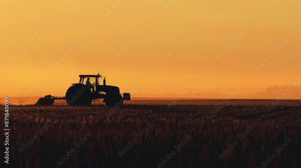 Fototapeta premium A shadowy image of a tractor against a backdrop of a farm field