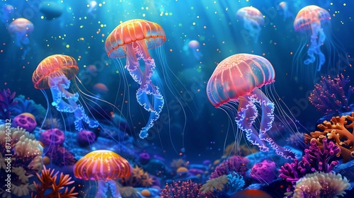 Glowing Jellyfish Dance, Underwater Coral Fantasy © Logo Artist
