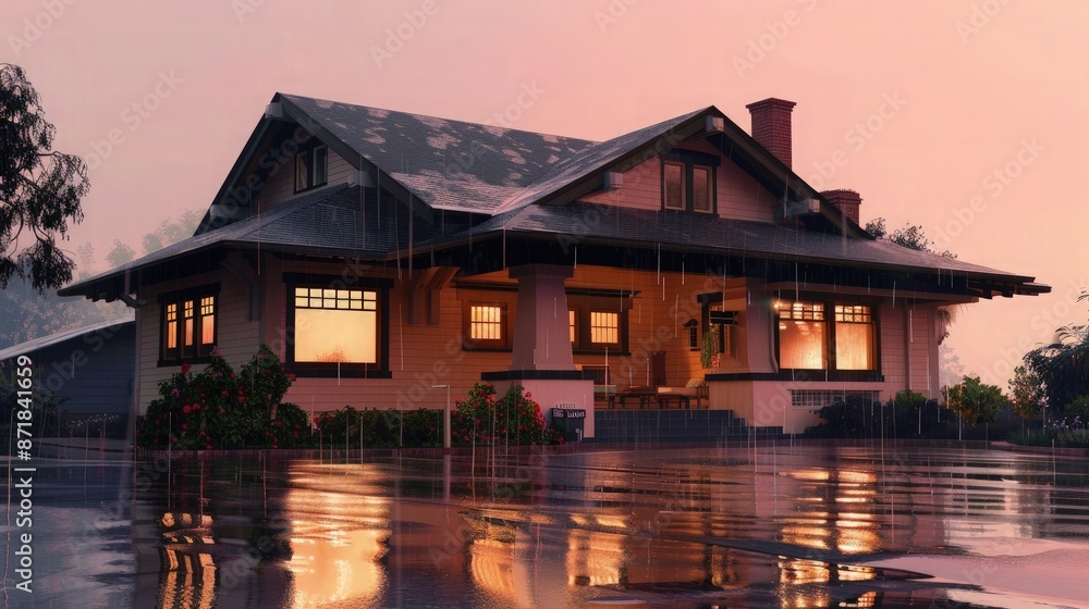 A house in gentle rain at dawn, set against a soft peach background. The early morning light casts a warm glow on the wet facade. A house in gentle rain at dawn, set against a soft peach background. The early morning light casts a warm glow on the wet facade.