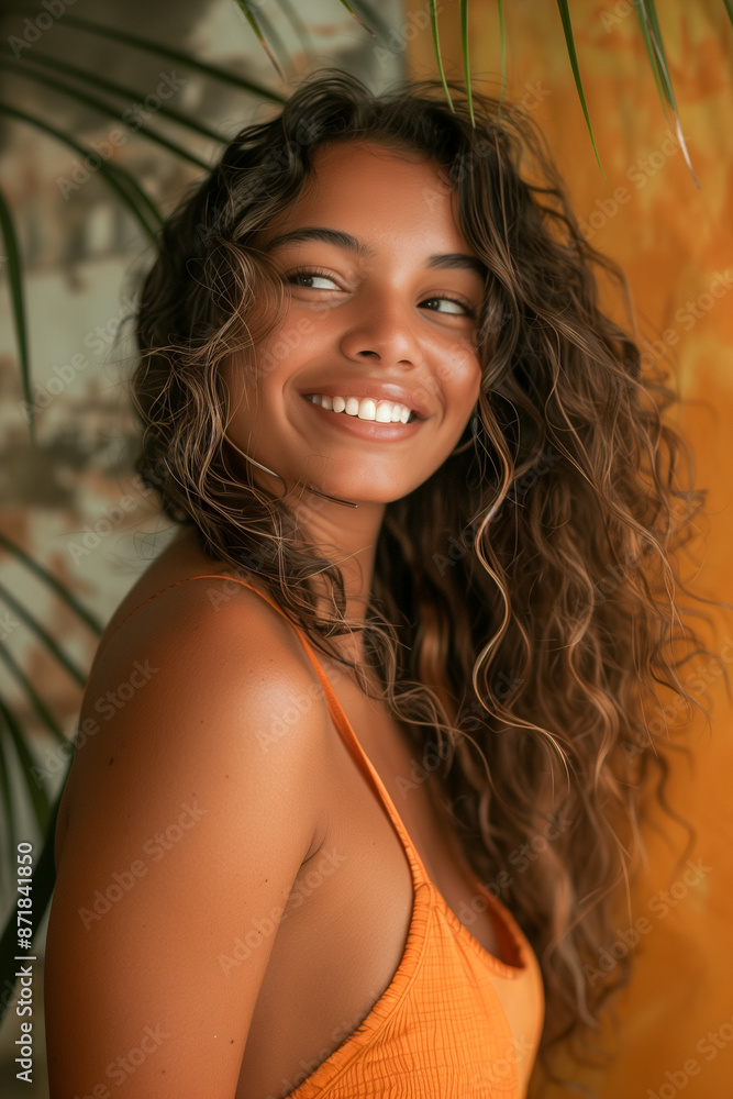 A woman with long brown hair is smiling and wearing an orange tank top A woman with long brown hair is smiling and wearing an orange tank top