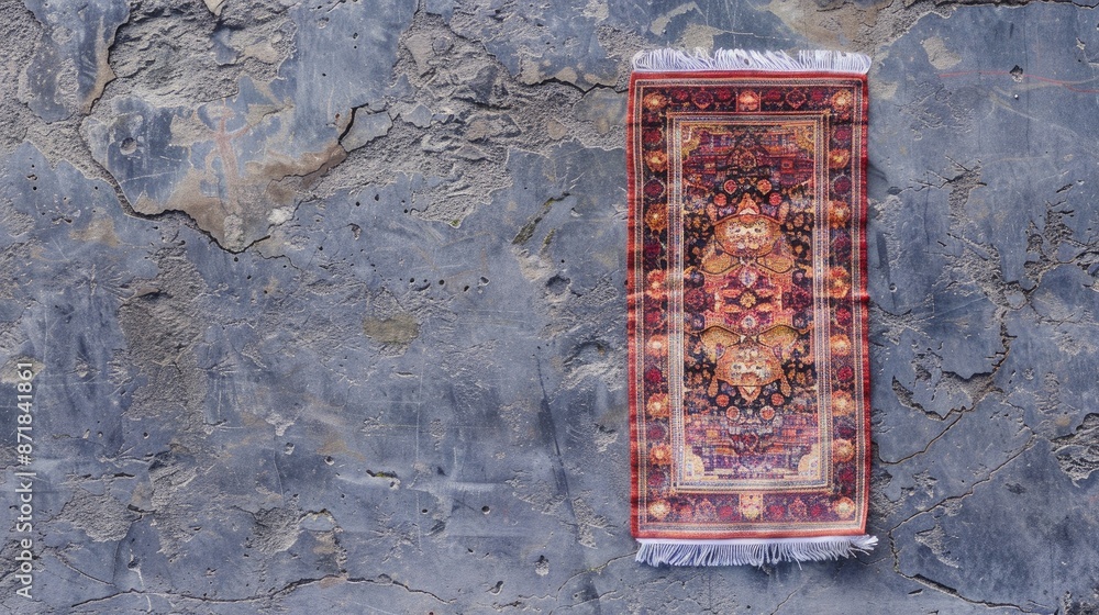 Naklejka premium Muslim prayer rug displayed on grey stone surface top perspective view Room for text