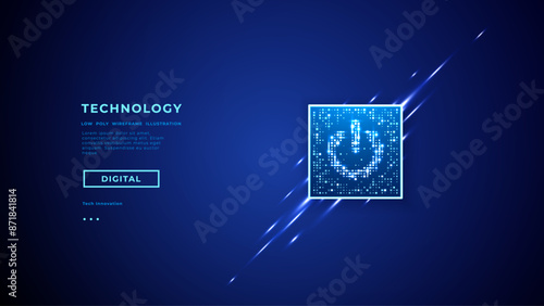 A power button on a digital semiconductor. AI chip with power icon or symbol as bright glowing pixels. Element of a circuit on tech bg. Vector illustration. Technology futuristic background.