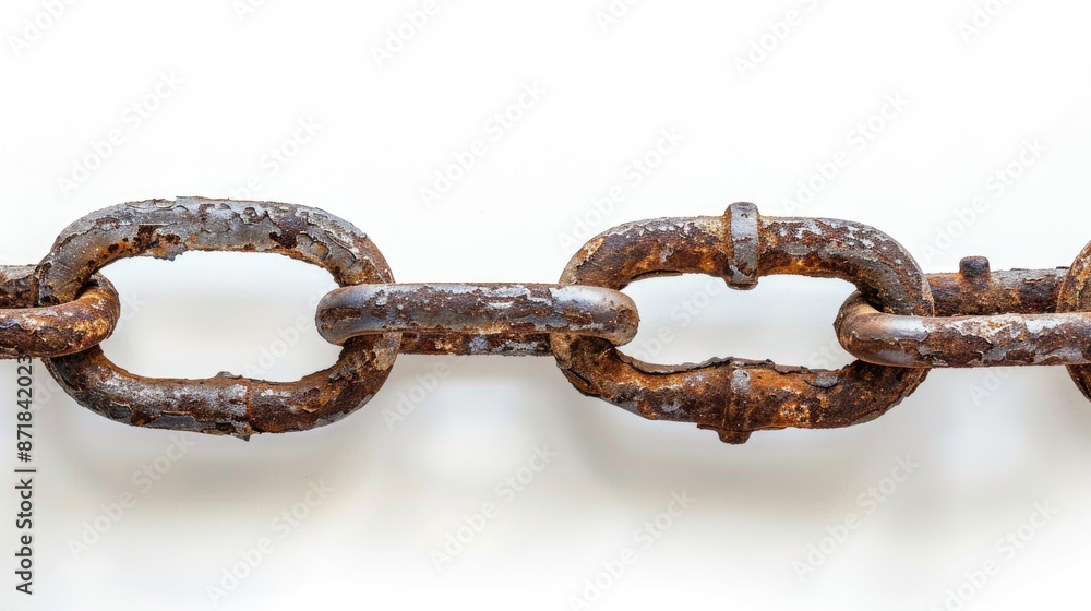 Large aged rusty chain with space for text on a white backdrop