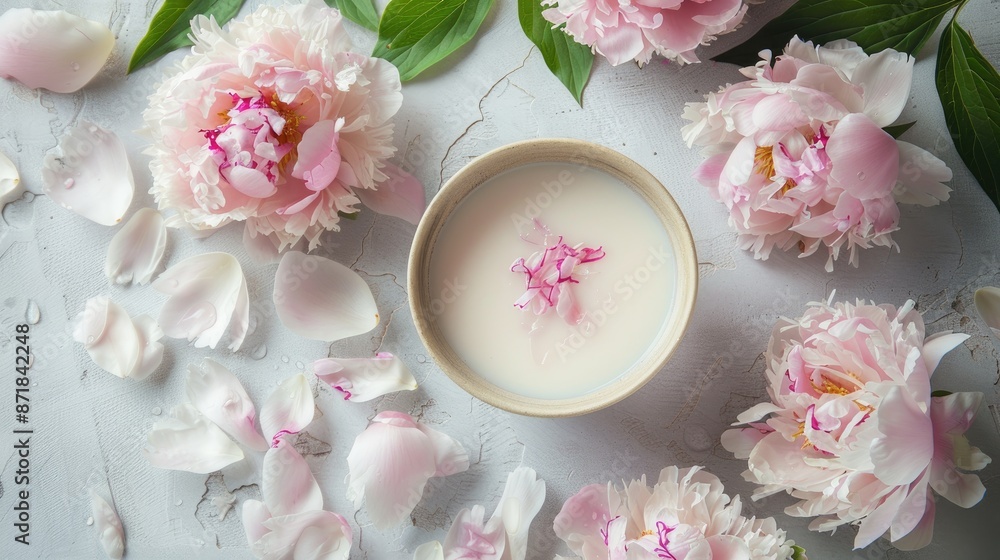 Cream and peony flower bath with milk Ideal care for body and face using natural cosmetics Cream and peony flower bath with milk Ideal care for body and face using natural cosmetics